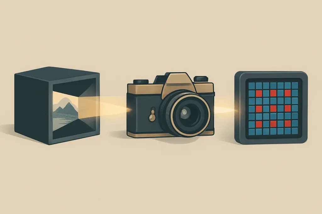 from an ancient camera obscura box projecting an inverted landscape, to a vintage film camera, to a modern digital camera sensor with RGB pixels