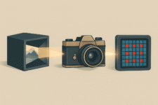 from an ancient camera obscura box projecting an inverted landscape, to a vintage film camera, to a modern digital camera sensor with RGB pixels