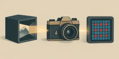from an ancient camera obscura box projecting an inverted landscape, to a vintage film camera, to a modern digital camera sensor with RGB pixels