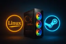 a modern gaming PC surrounded by glowing Linux and Steam logos