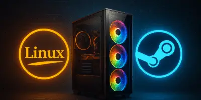 a modern gaming PC surrounded by glowing Linux and Steam logos